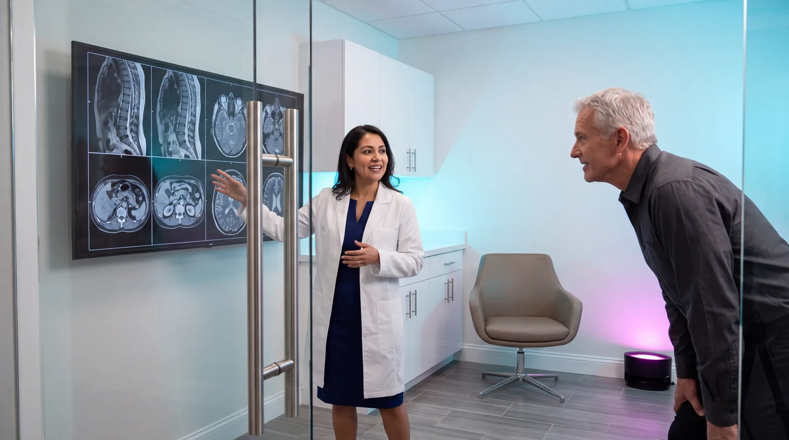 Radiologist and patient in their fifties reviewing full-body MRI slices on a large wall display