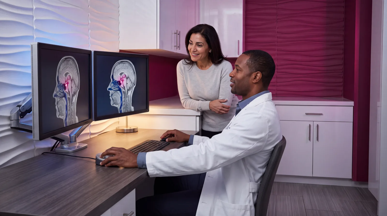 Two clinicians at a scan workstation with a volumetric head render showing the pituitary lit