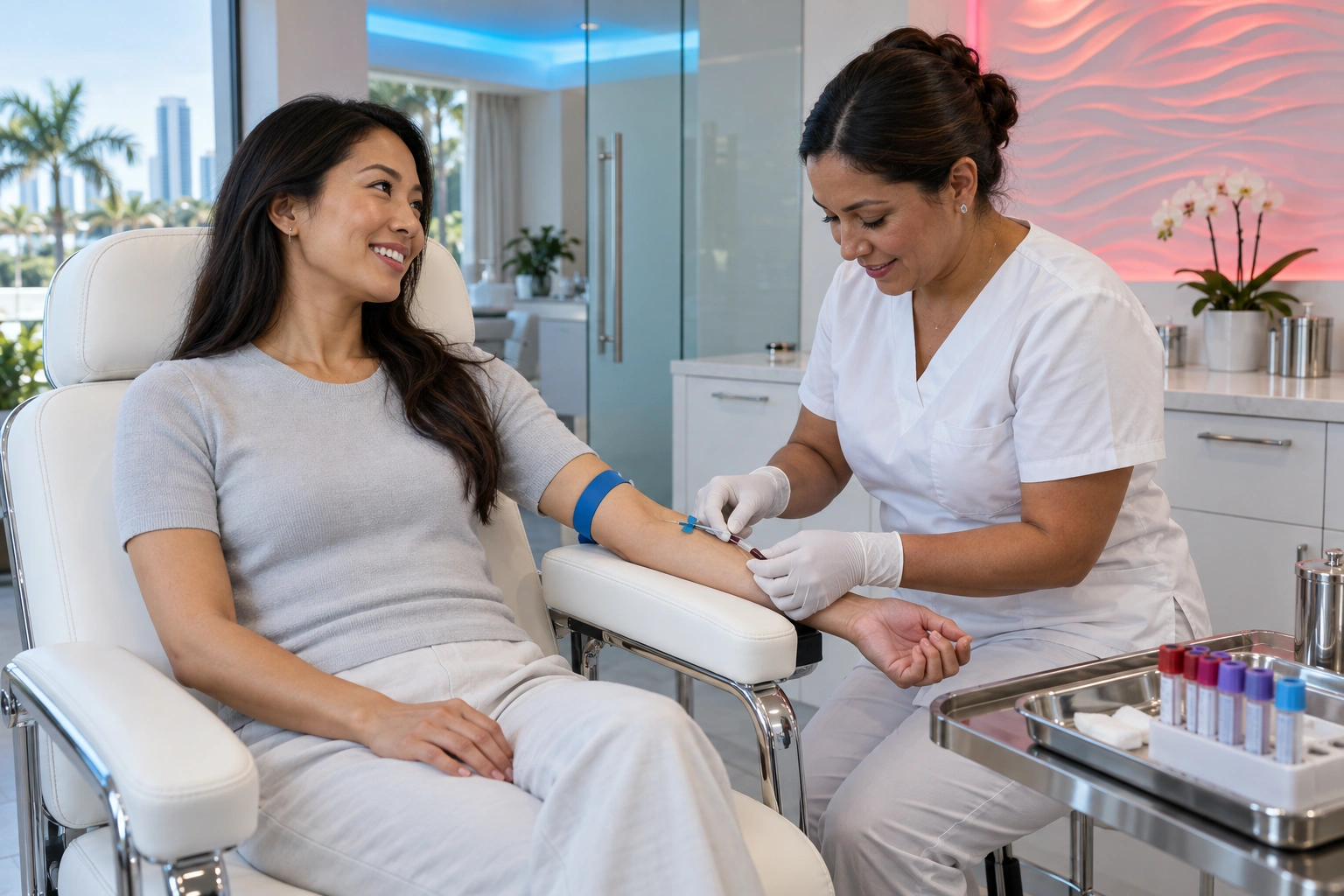 A smiling woman in a pale-grey knit sits in a white padded chair while a gloved phlebotomist in white scrubs collects blood from her supported arm. Capped tubes and a steel tray occupy the foreground; glass partitions, palms, white cabinets, orchids, and pink and blue architectural lighting fill the background.