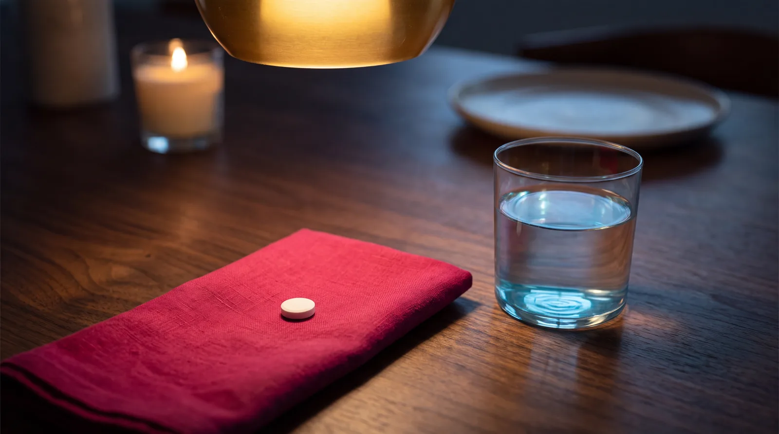 A small plain tablet on a linen napkin beside a glass of water