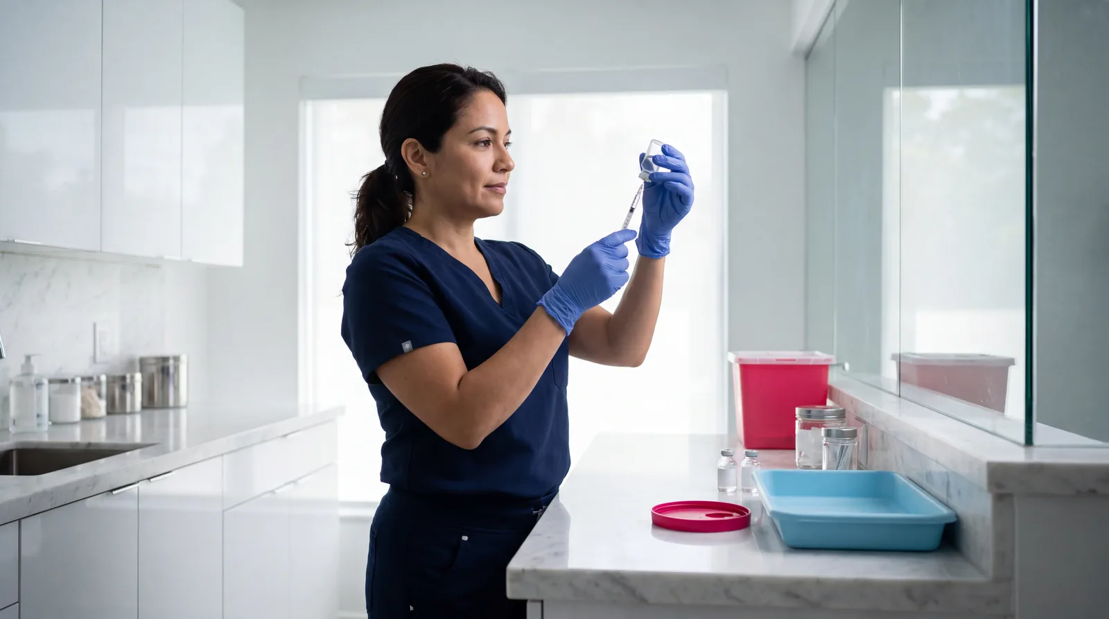 Clinician drawing a small dose from a plain vial into an insulin syringe at a prep counter