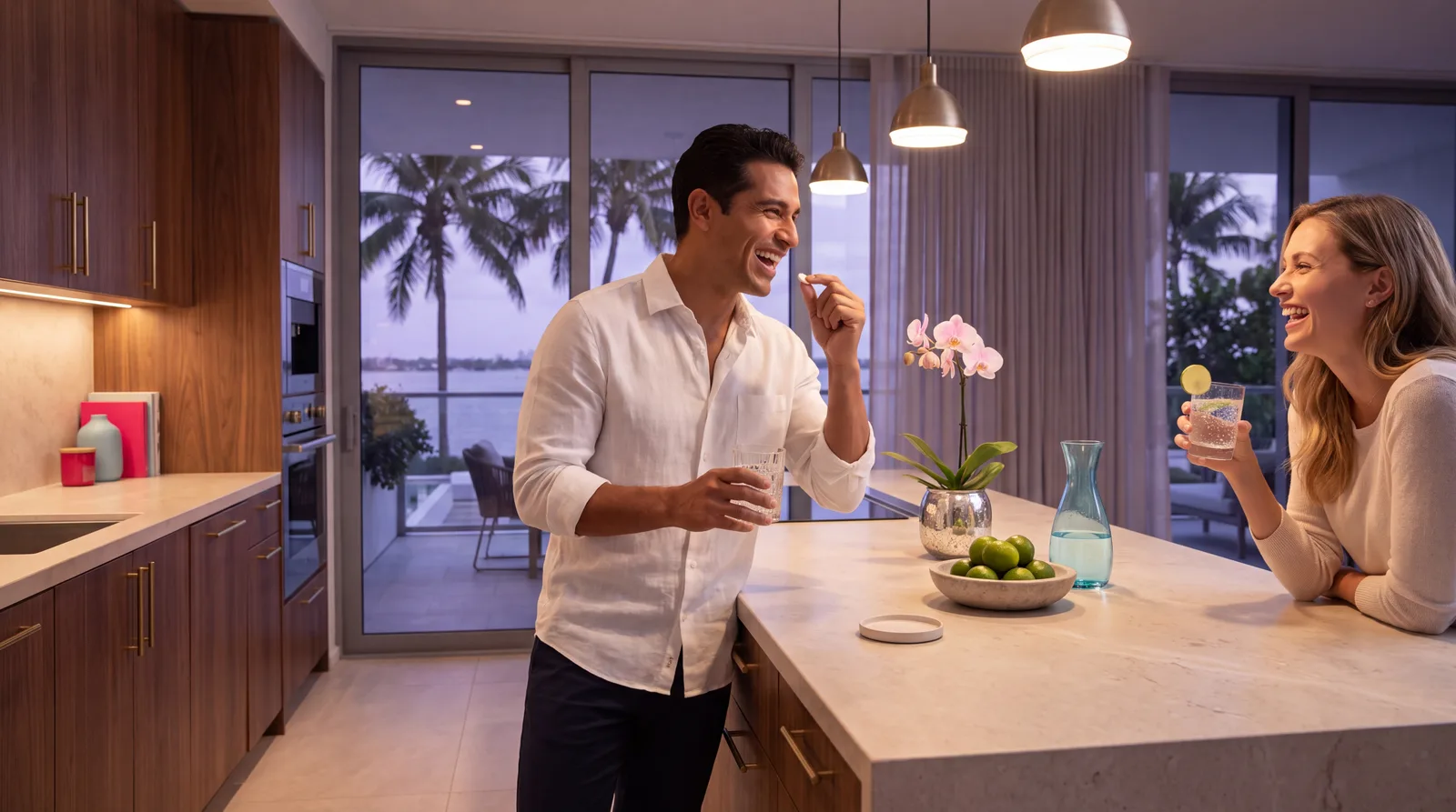 Couple laughing in a luxury Miami kitchen at dusk as the man takes a small tablet with a glass of water