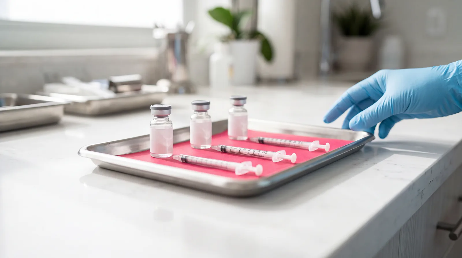 Three small peptide vials and fine syringes laid out on a clinic treatment tray