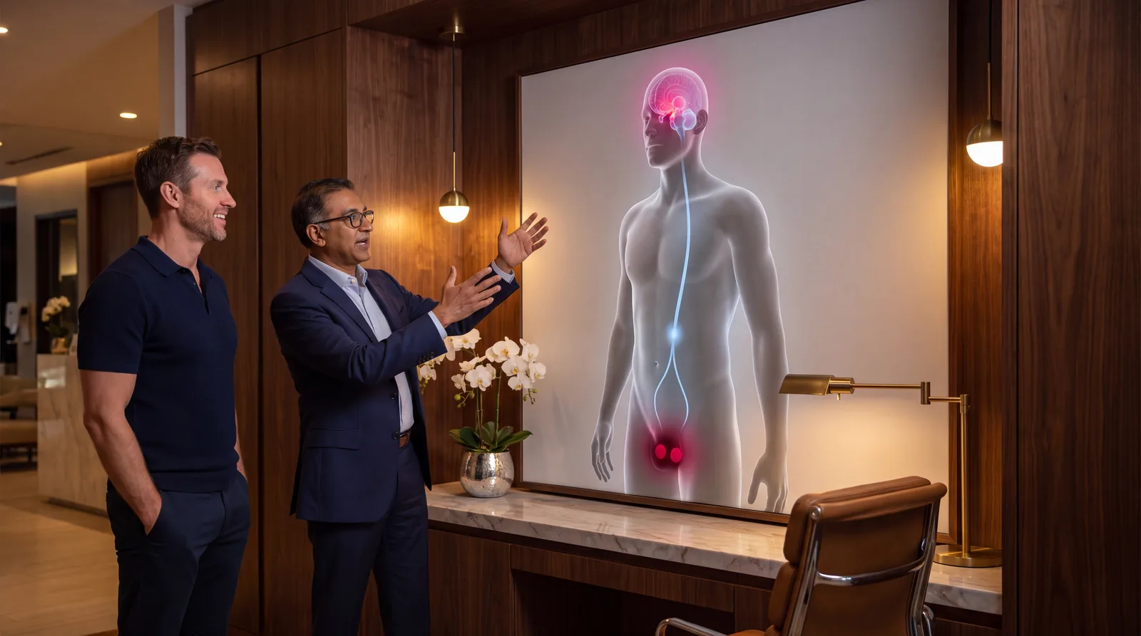 Clinician and patient beside a wall-mounted anatomical render of the brain-pituitary-testes hormone axis