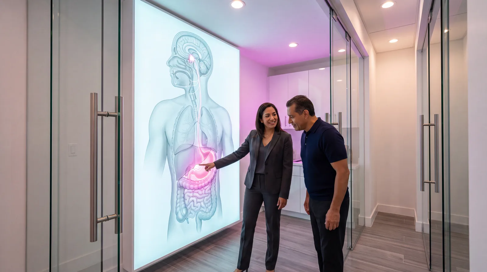 Clinician and patient beside an illuminated anatomical wall panel showing stomach and brain appetite centres