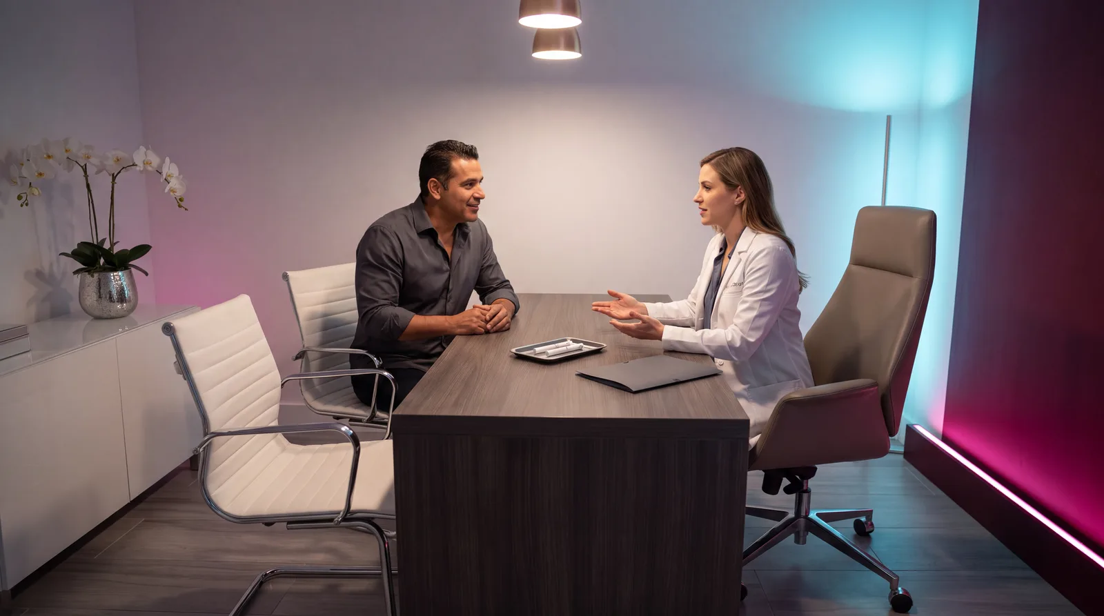 Doctor and patient across a white consult desk discussing two unlabelled weekly pen injectors