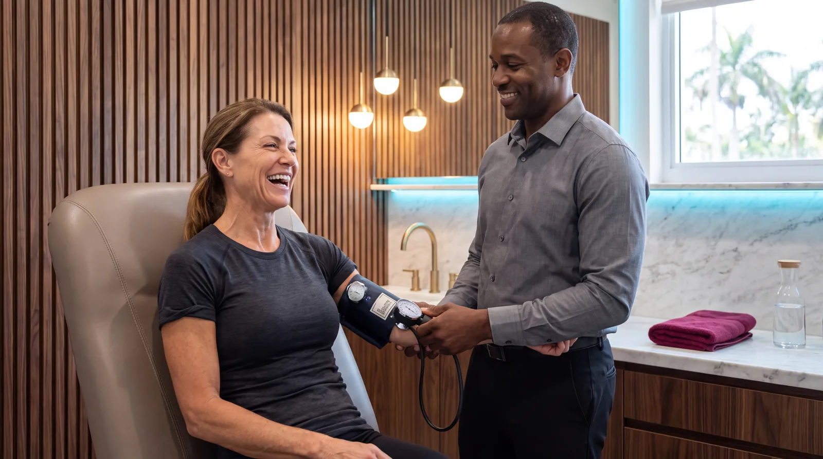 Clinician taking a woman's blood pressure in a warm walnut and marble exam room