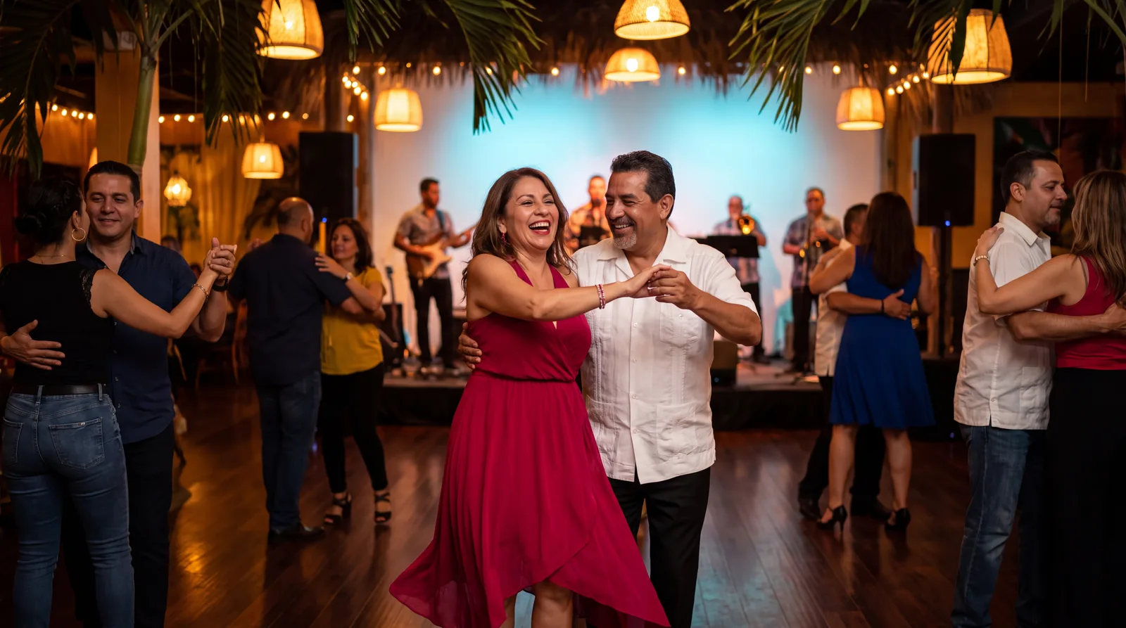 Couple in their fifties dancing salsa at a Little Havana club