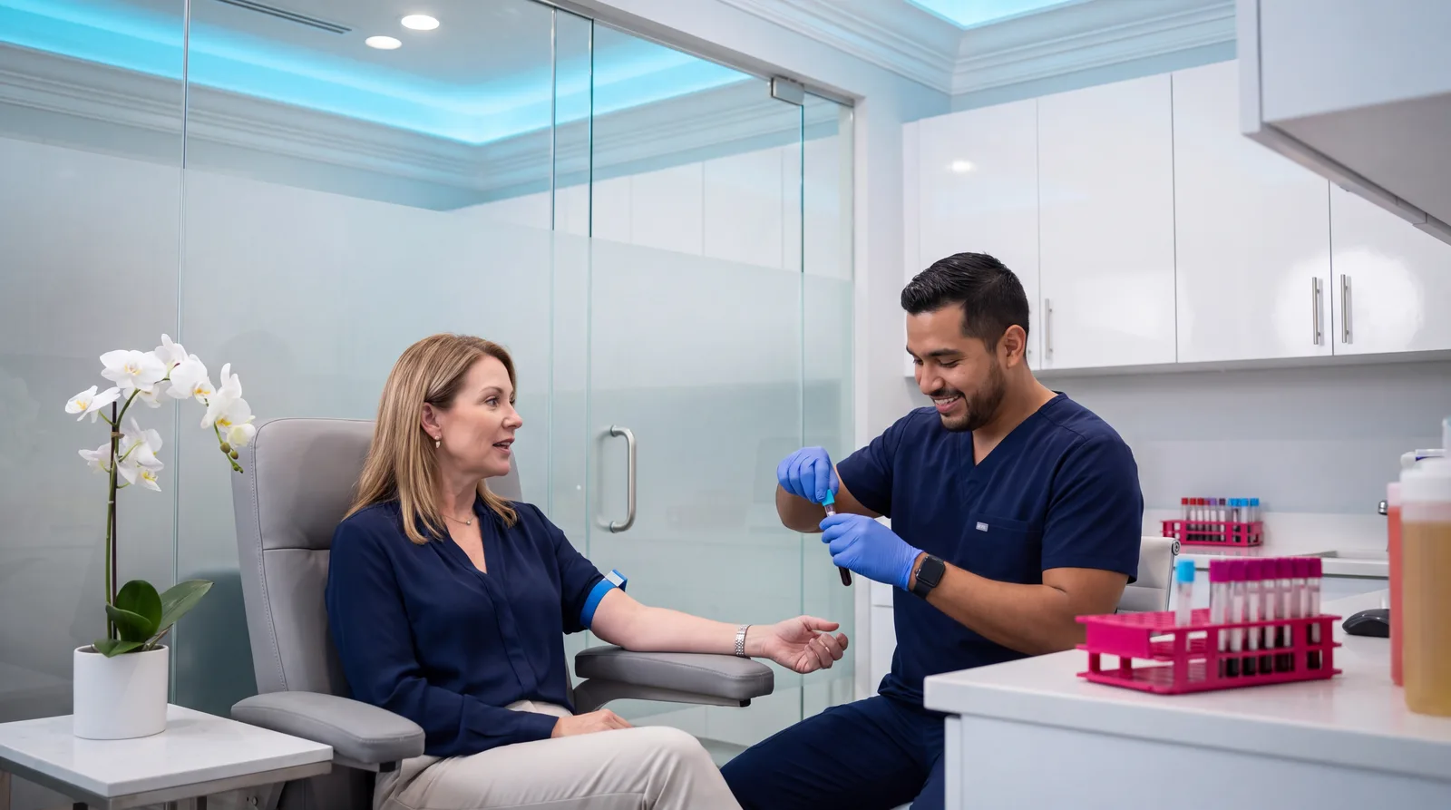 Woman in her fifties getting a routine hormone-monitoring blood draw at a Miami clinic