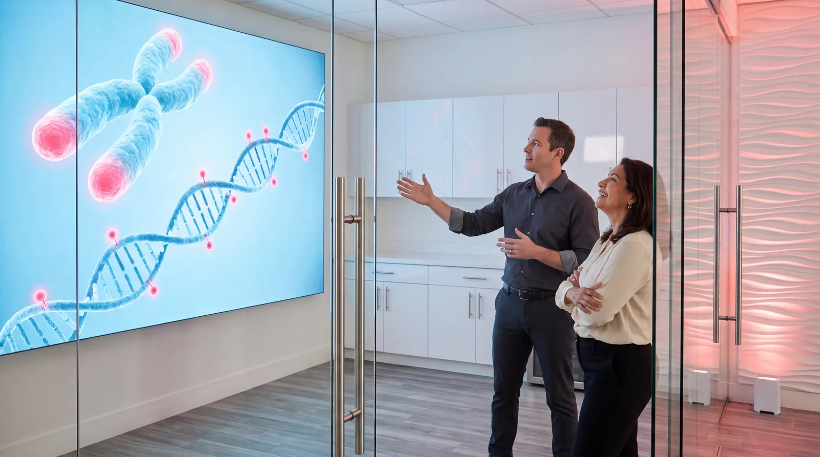 Physician and patient studying a wall-sized render of chromosomes with glowing telomere caps in a glass-walled clinic room