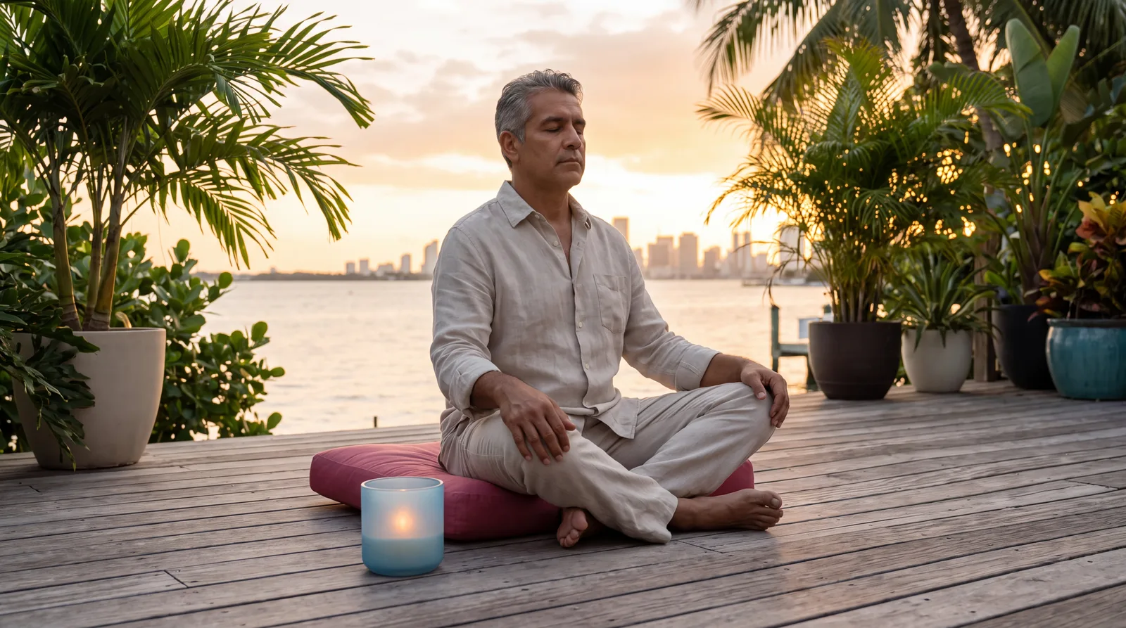Man in his fifties meditating on a quiet terrace at sunset