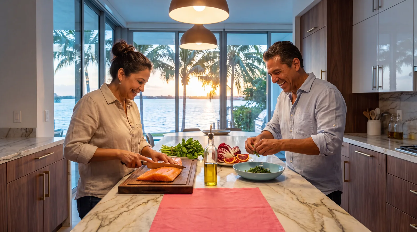 Couple in their fifties preparing salmon and vegetables in a Miami condo kitchen overlooking the bay