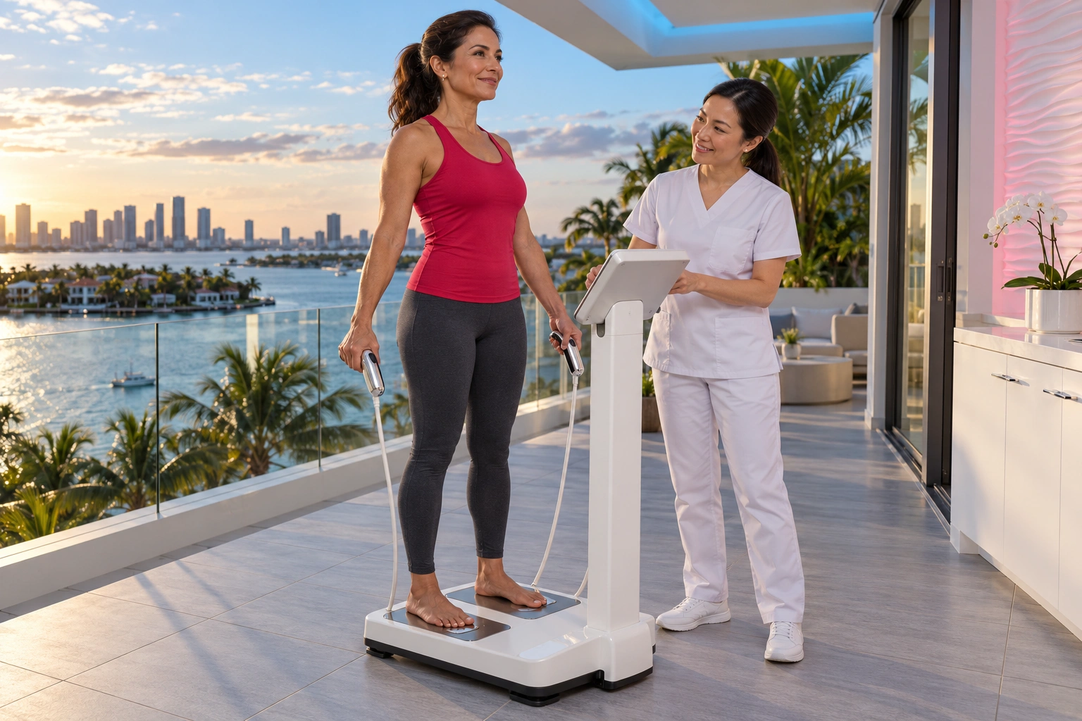 A smiling woman in a red-pink top and charcoal leggings stands barefoot on a white body-composition analyser, holding two chrome handles while a clinician in white scrubs stands beside its rear-facing display. The terrace overlooks water, palms and a distant skyline, with cyan ceiling lighting, a pink-lit relief wall and white gloss cabinetry.