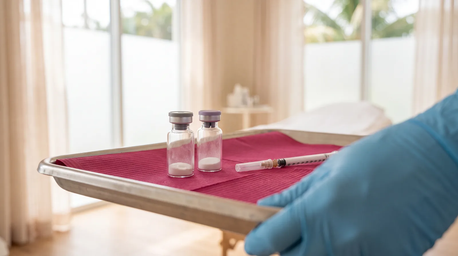 Two small vials of neuromodulator side by side beside a fine syringe on a treatment tray