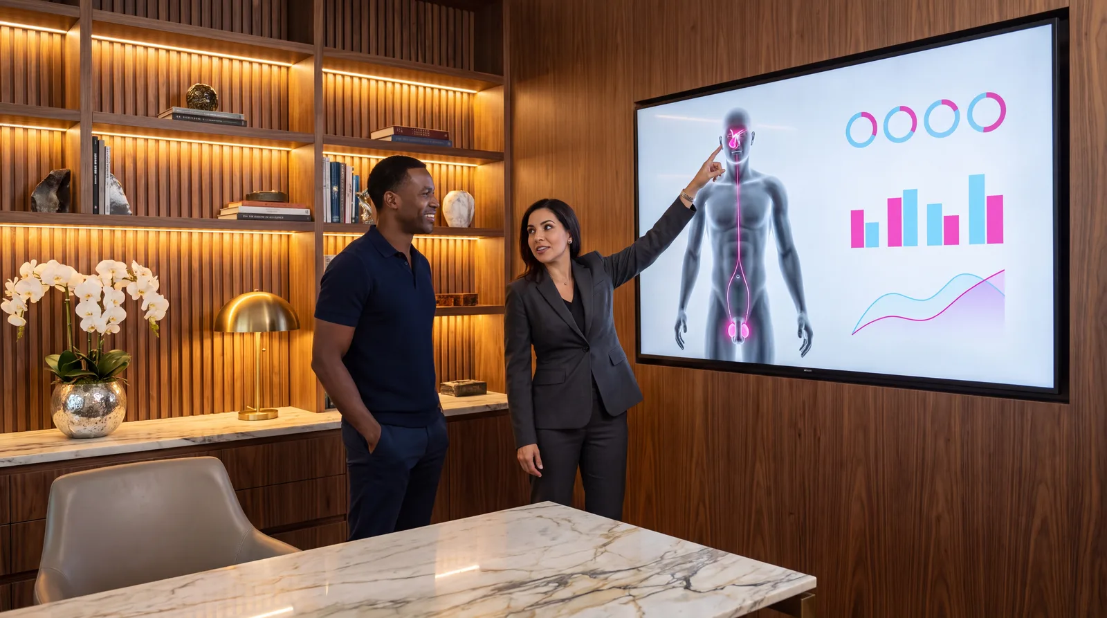 Doctor and patient standing at a wall monitor showing a male body render with the brain-pituitary-testes axis lit