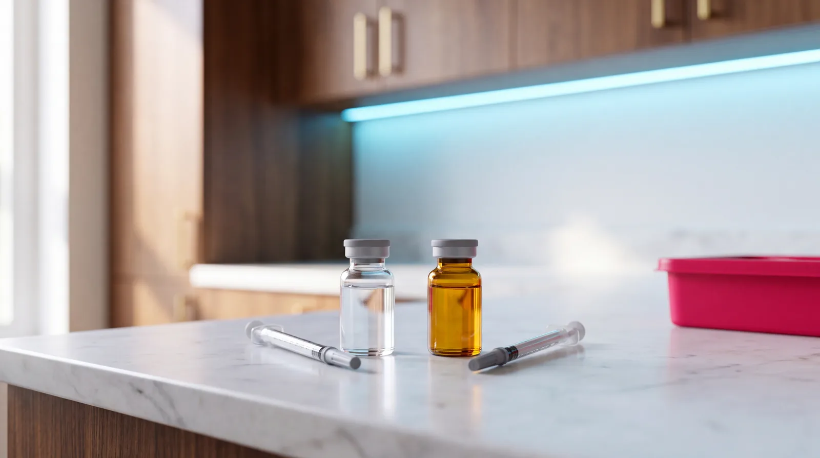 A clear peptide vial and an amber testosterone vial side by side with syringes on a clinic counter