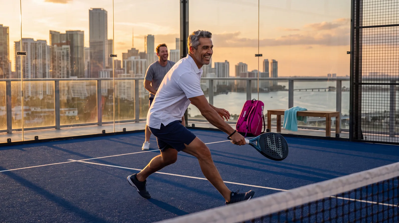 Fit man in his late forties back on a rooftop padel court in Miami, reaching for a shot