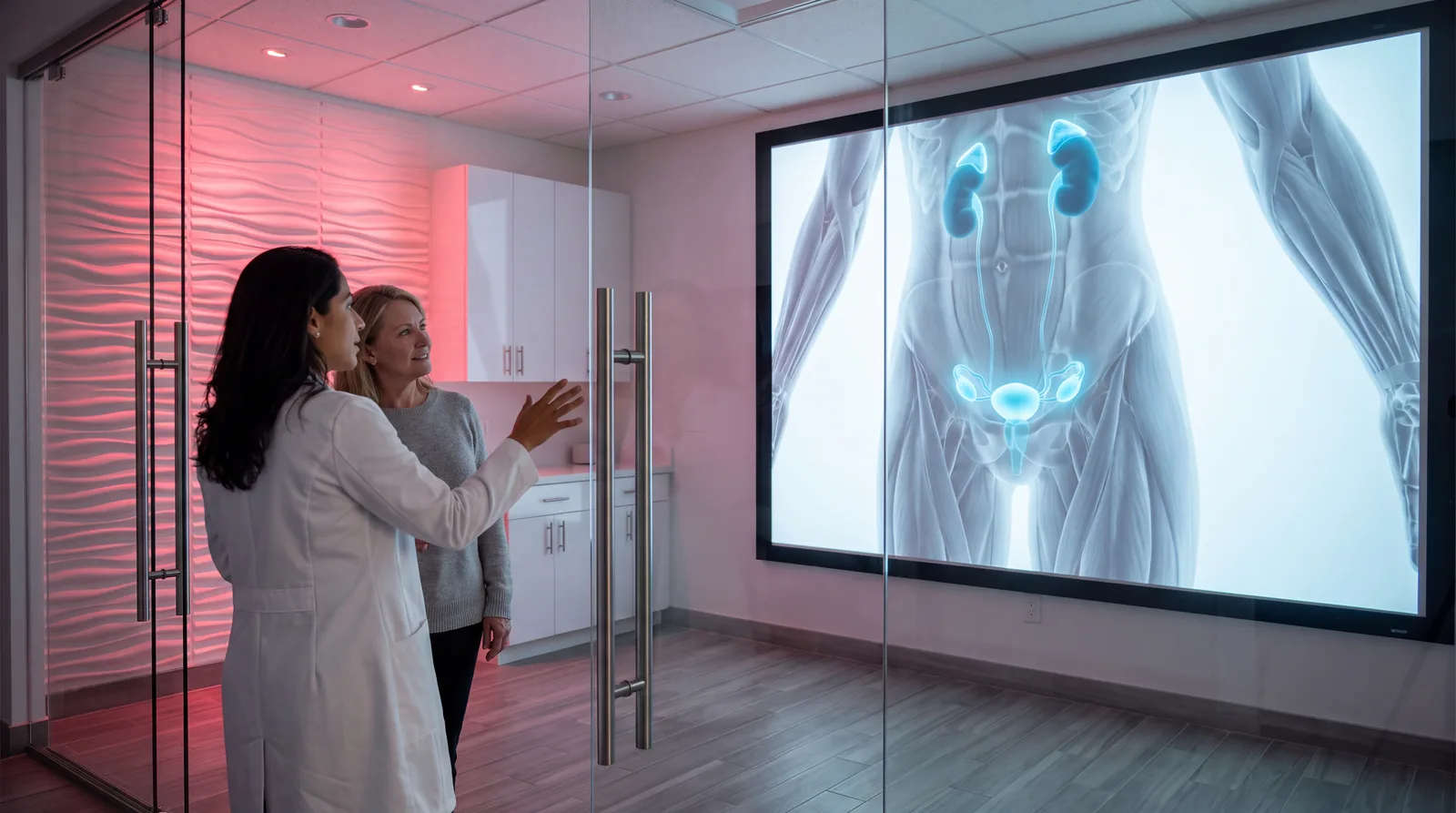 Clinician and patient studying a lower-torso render with the ovaries and adrenal glands highlighted