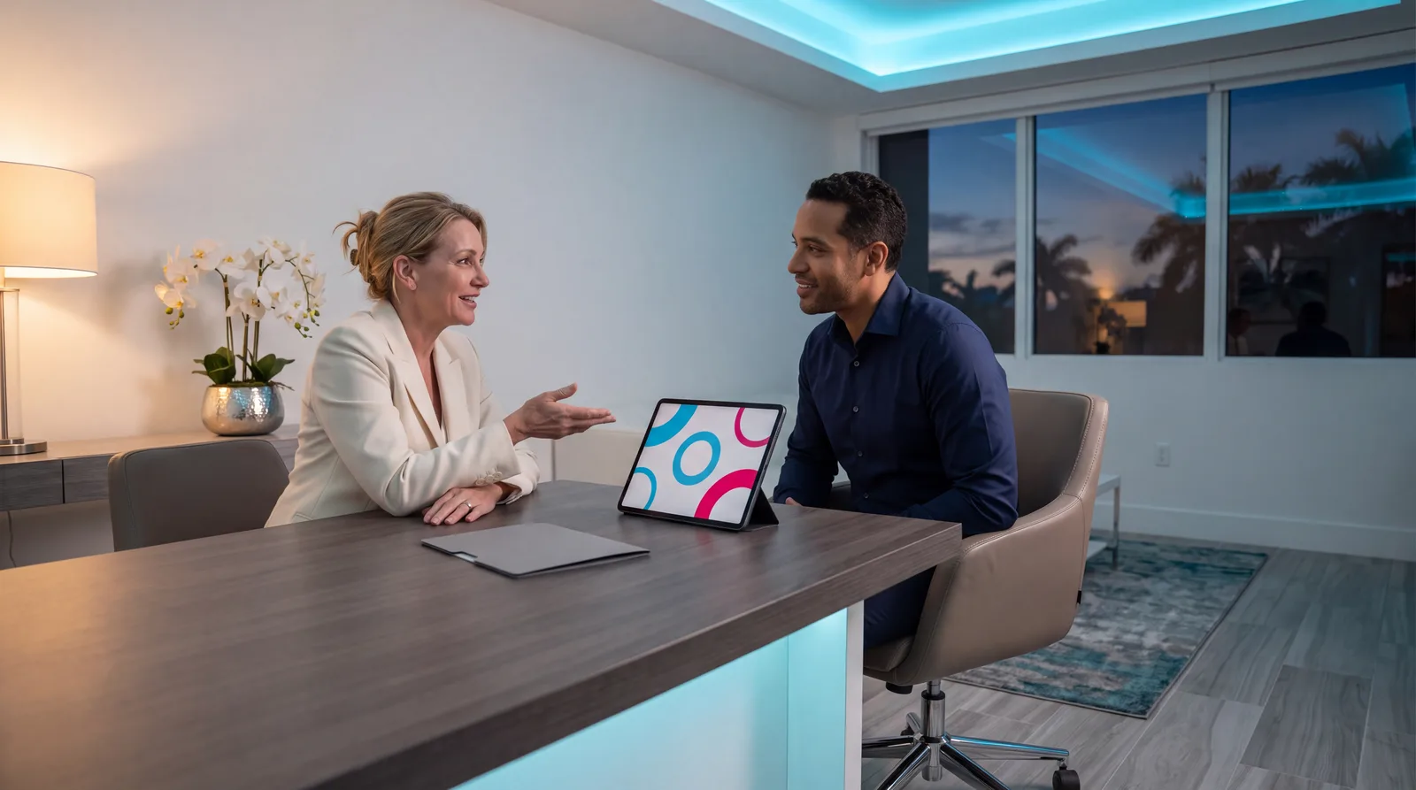 Woman in her fifties and a physician talking across a dark wood consult table
