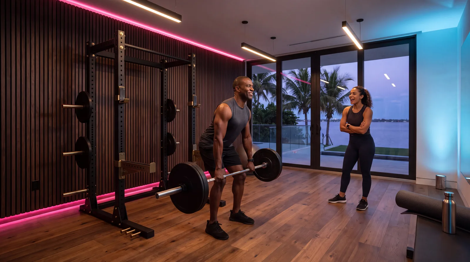 Fit man in his fifties deadlifting in a private home gym overlooking Miami water at dusk