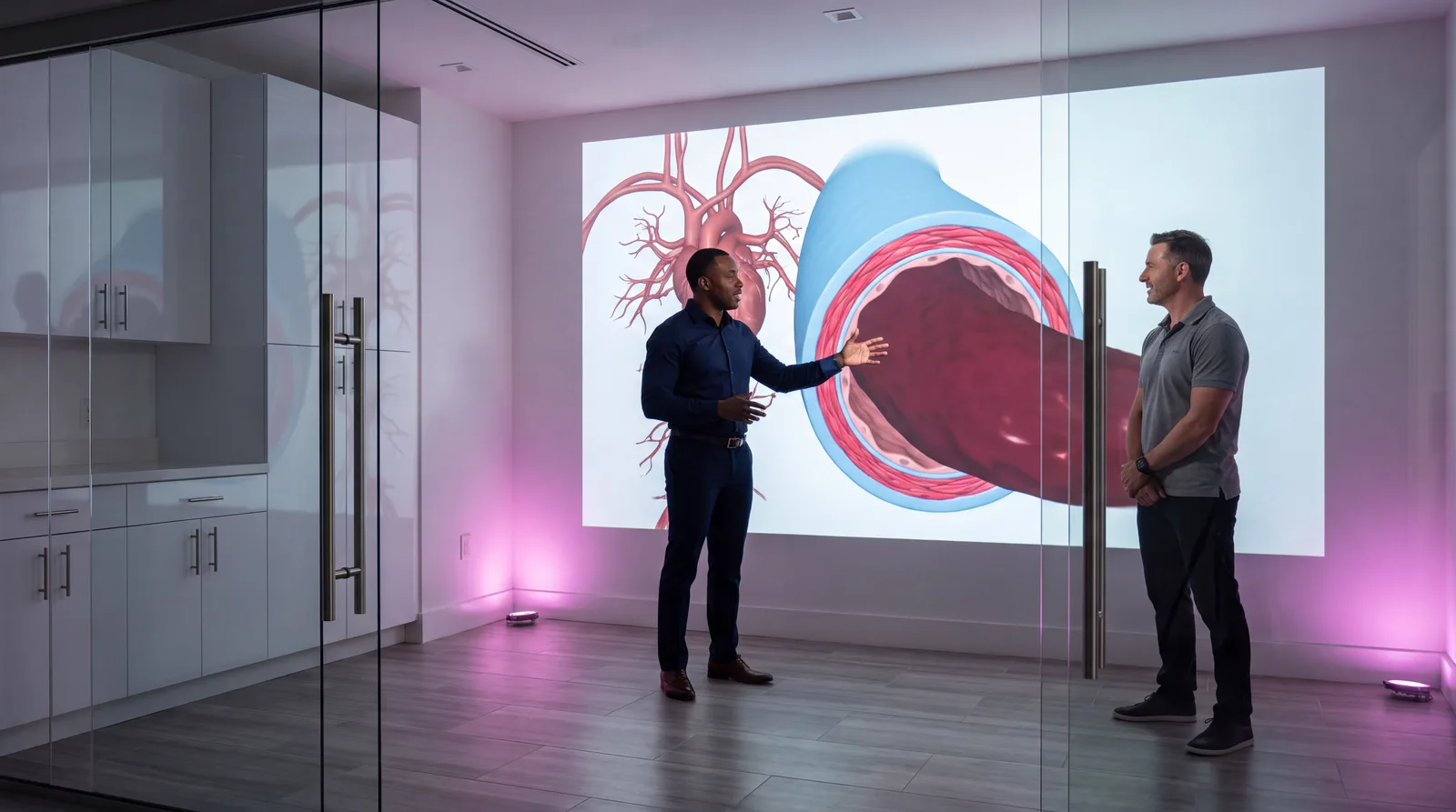 Physician and patient studying a large volumetric render of an artery cross-section in a clinic visualisation room