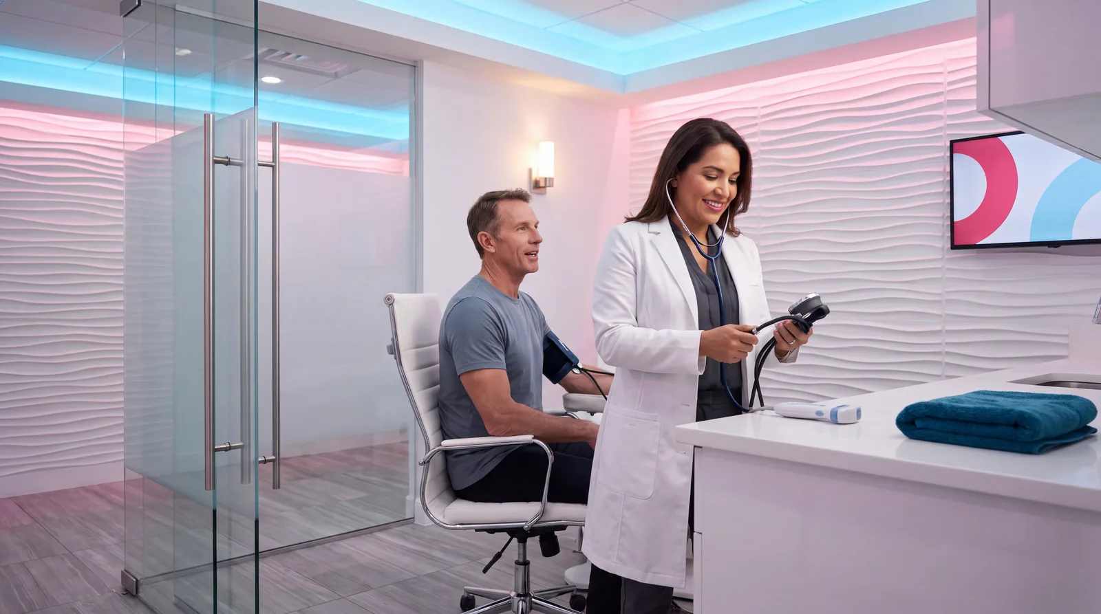 Female physician taking a fit older man's blood pressure in a glass-walled Miami clinic exam room