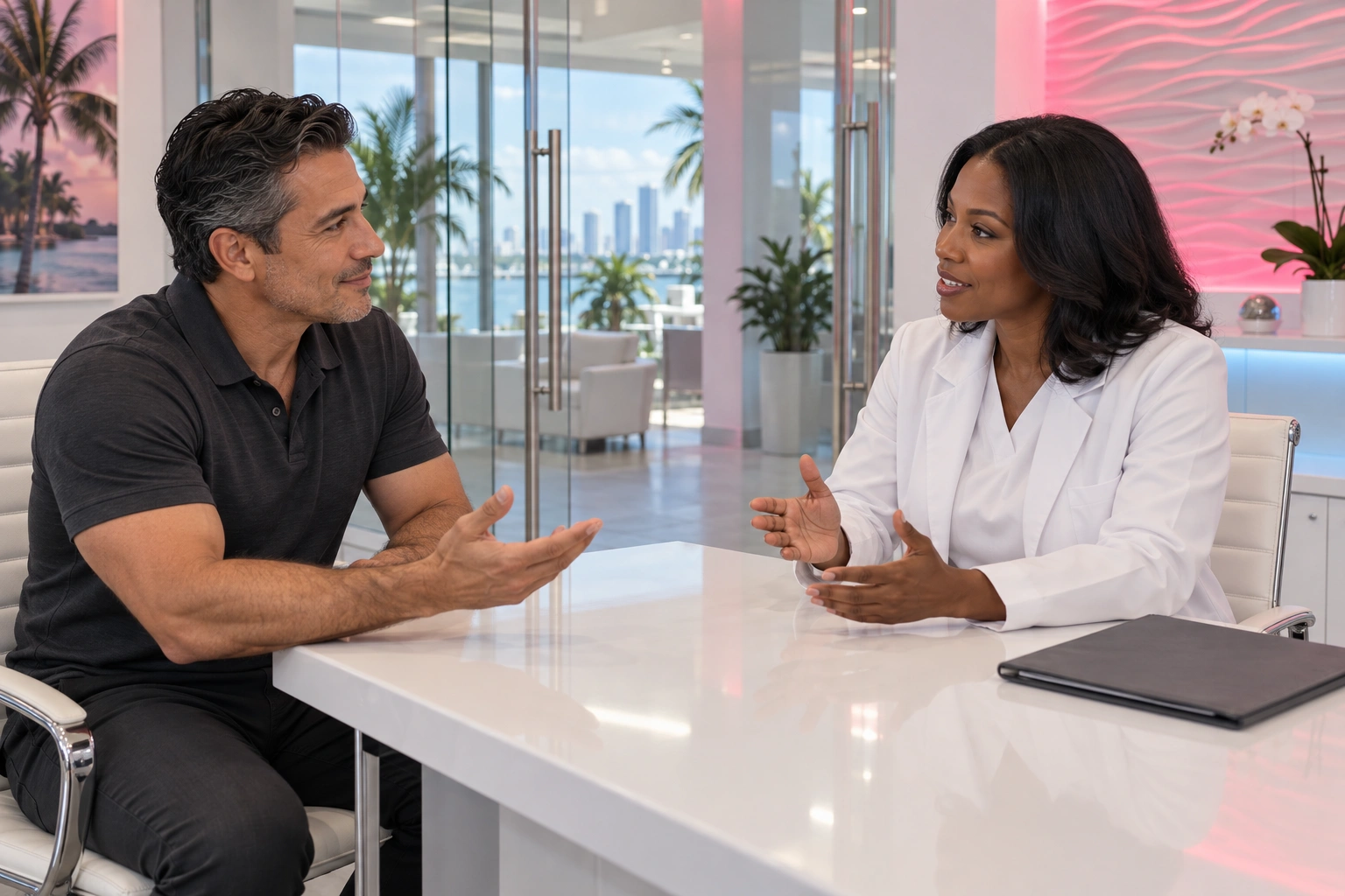A salt-and-pepper-haired man in a charcoal polo and a Black woman in a plain white clinical coat converse with open-hand gestures across a glossy white desk. A closed charcoal folder sits beside her; glass partitions reveal palms and a waterfront skyline, while pink light washes a white relief wall and blue light glows beneath cabinetry.