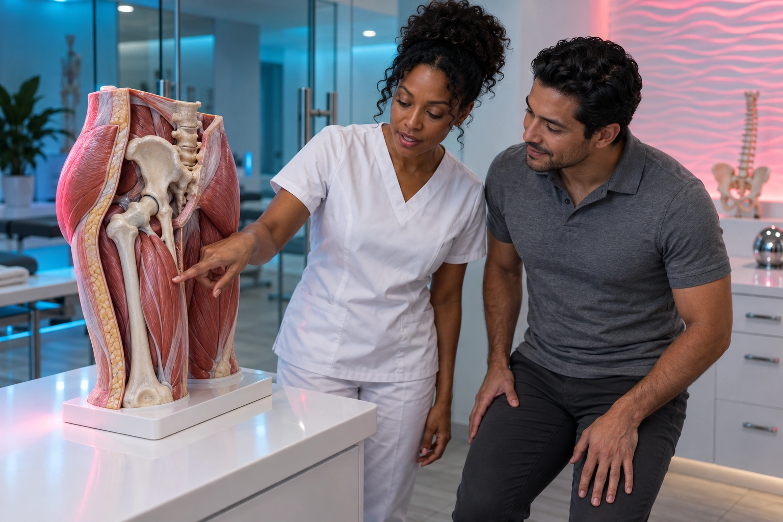 A woman in white scrubs points to exposed thigh muscle on a large pelvis-and-leg teaching model while a seated man in a grey polo watches. Glossy white cabinetry, glass partitions, cyan illumination and a pink-lit wave relief wall surround them; smaller skeletal models appear in the background.