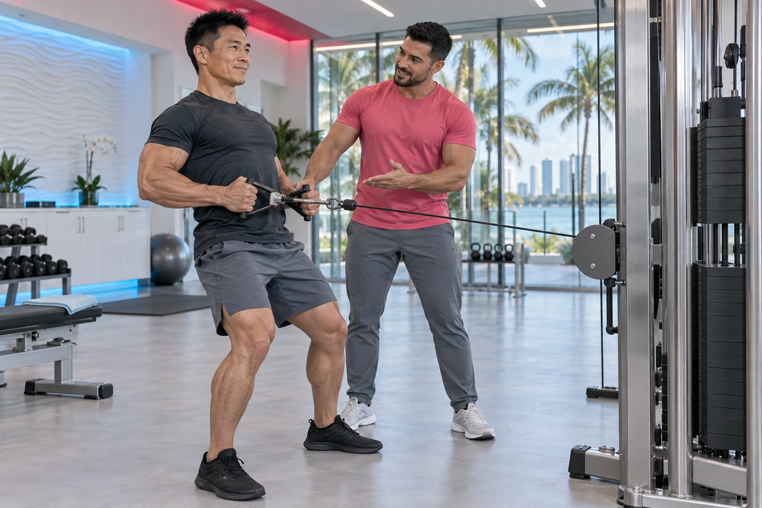 A muscular man in a charcoal shirt and grey shorts holds a cable-row handle beside a smiling coach in a pink shirt. The bright studio contains a steel cable station, dumbbells, white gloss cabinets and a bench with a blue towel; pink and blue architectural lighting frames windows overlooking palms, water and distant towers.