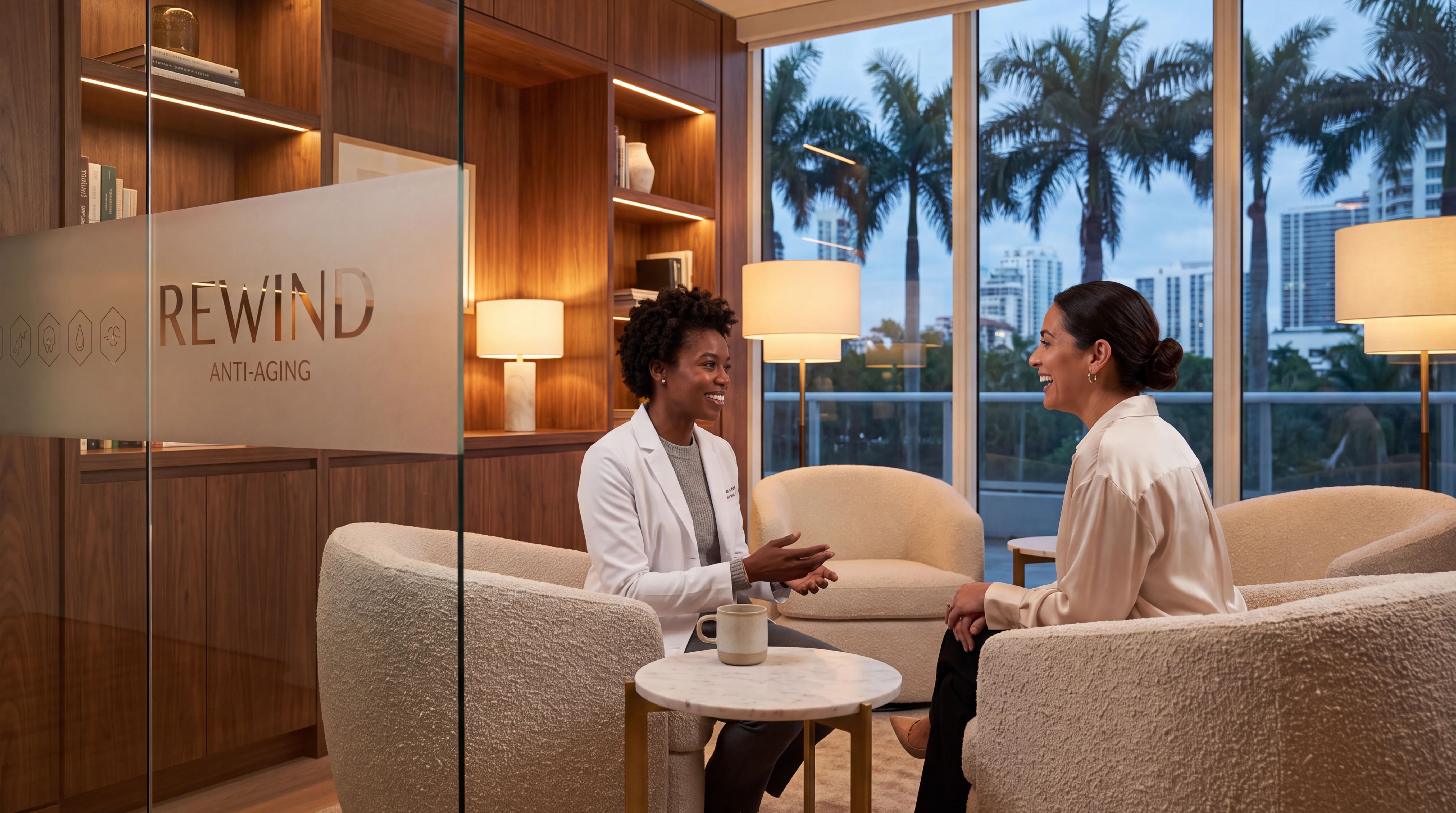 Clinician and patient talking in a quiet Miami consulting room with no rush to finish