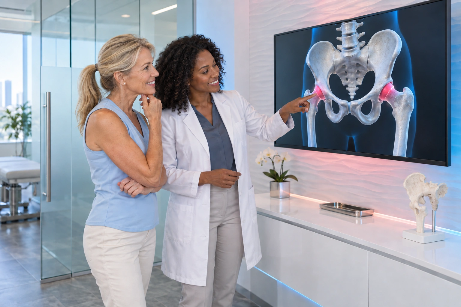 A clinician and a woman discuss a pelvic and proximal-femur illustration with the femoral necks highlighted on a wall display in a modern clinic.
