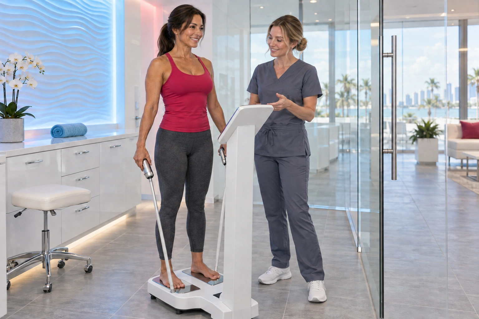 A woman stands barefoot on a body-composition analyser holding its electrode handles while a technician explains beside her in a modern glass-walled clinic.