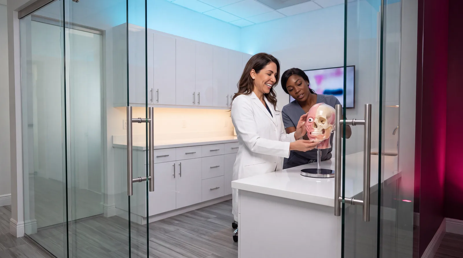 Two clinicians examine a translucent layered facial anatomy model showing skull, fat pads and muscles