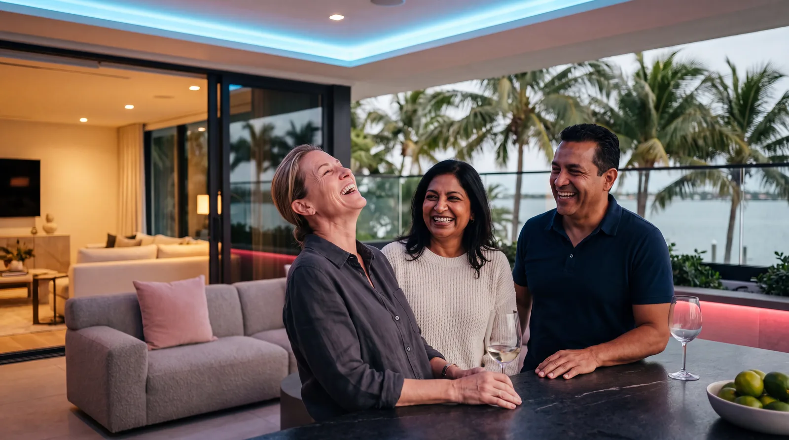 Three friends laughing over drinks on a Miami terrace at dusk, expression lines creasing as they smile