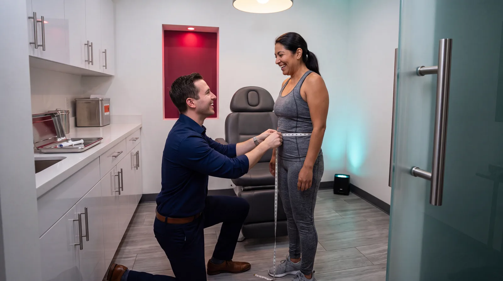 Clinician measuring a seated patient's waist with a tape measure in a bright clinic exam room