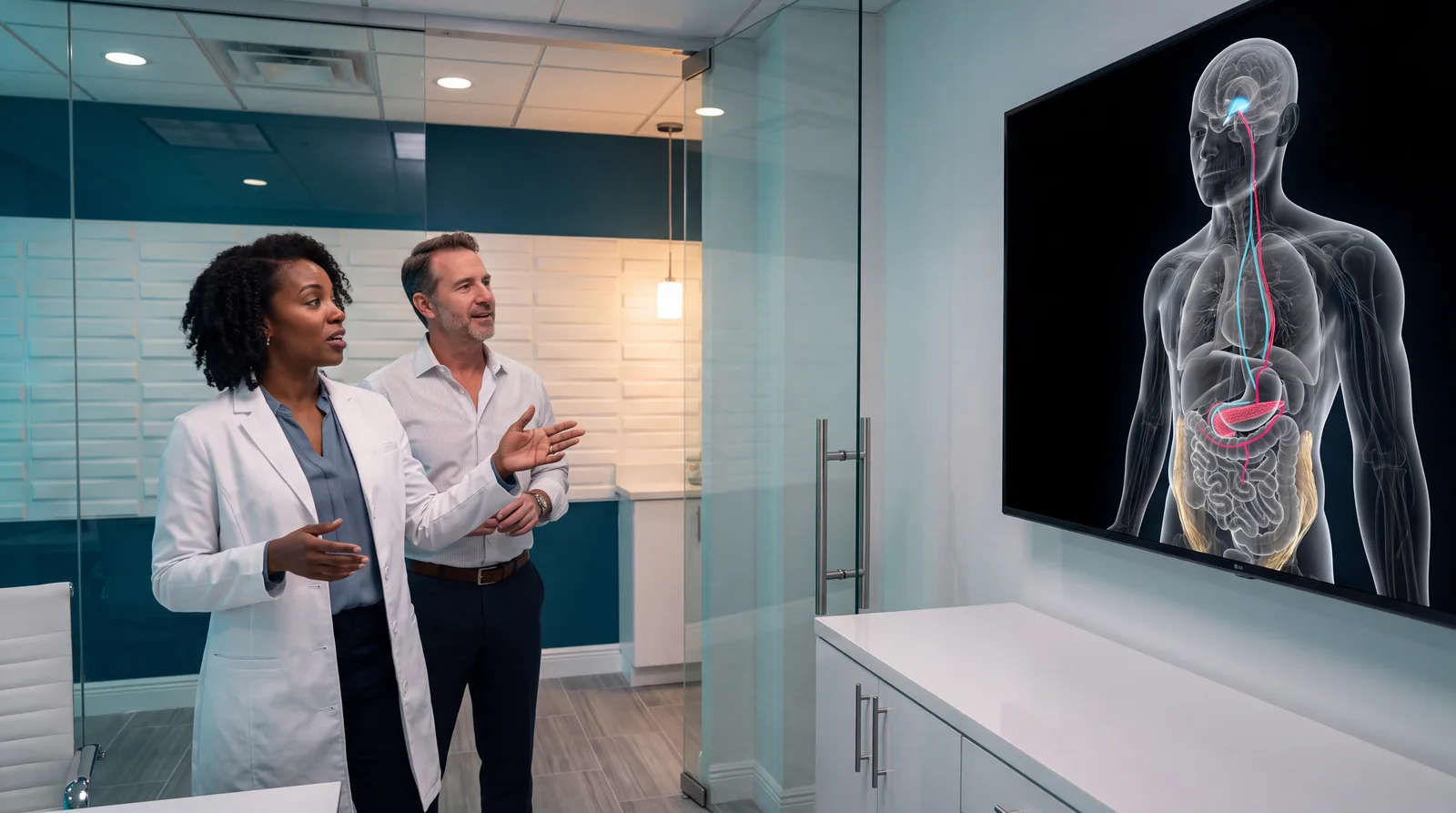 Clinician and patient beside a wall display showing a body render with brain, gut and pancreas lit