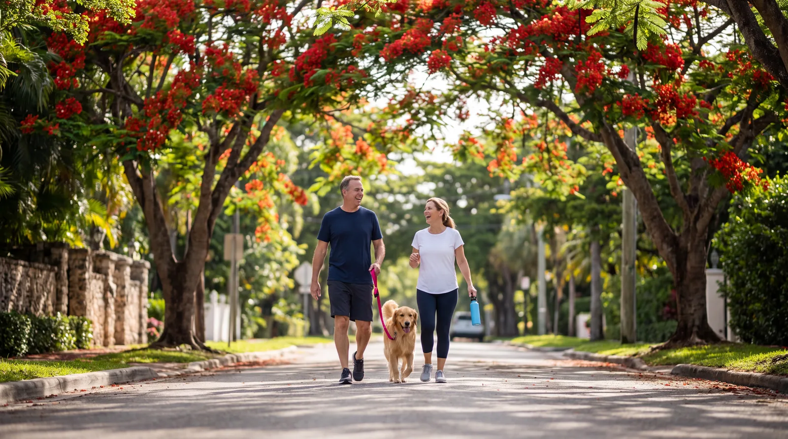 Couple in their fifties walking their dog on a tree-lined Coral Gables street