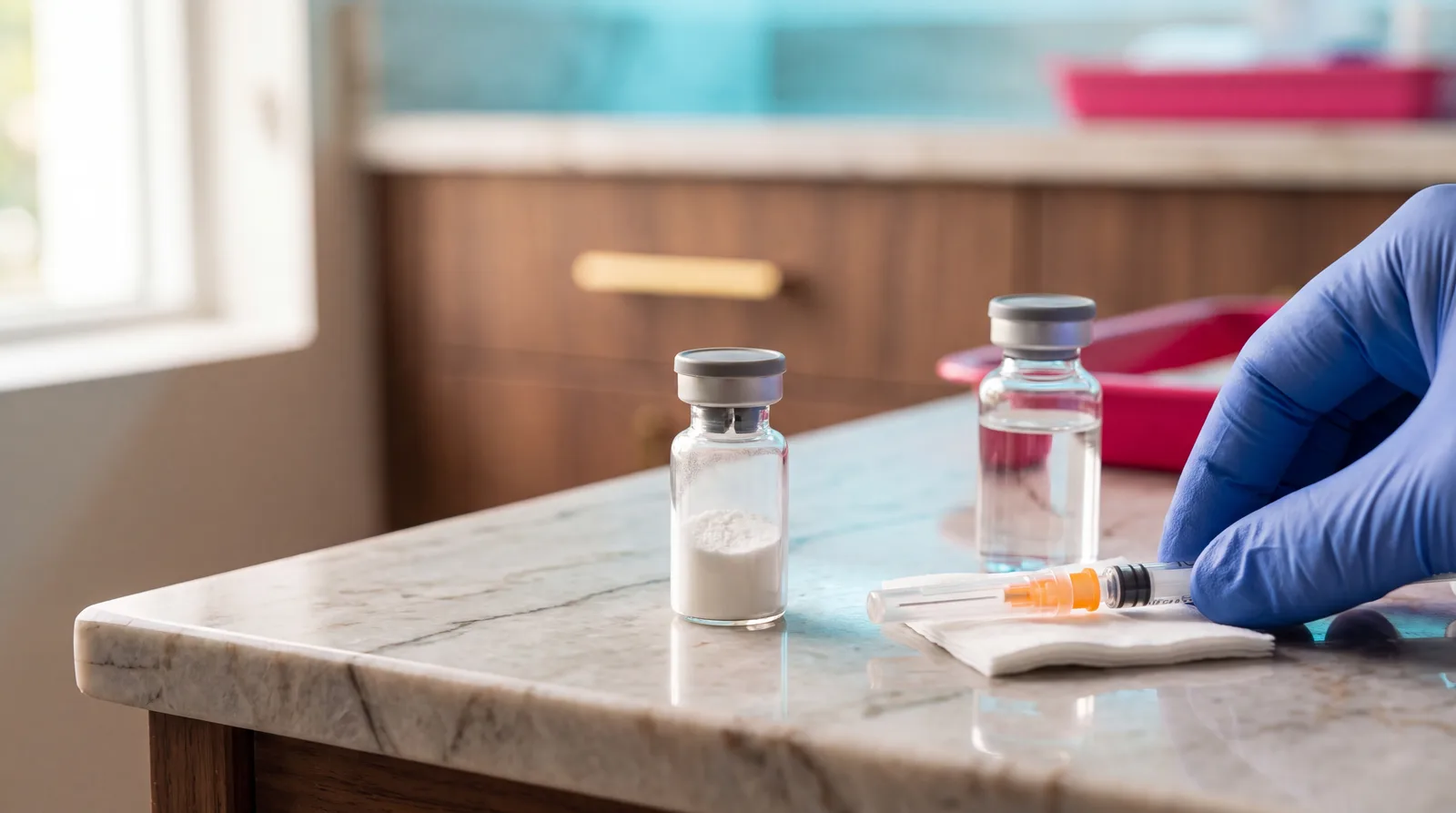Peptide vial of white powder beside a vial of water and a mixing syringe on a clinic counter
