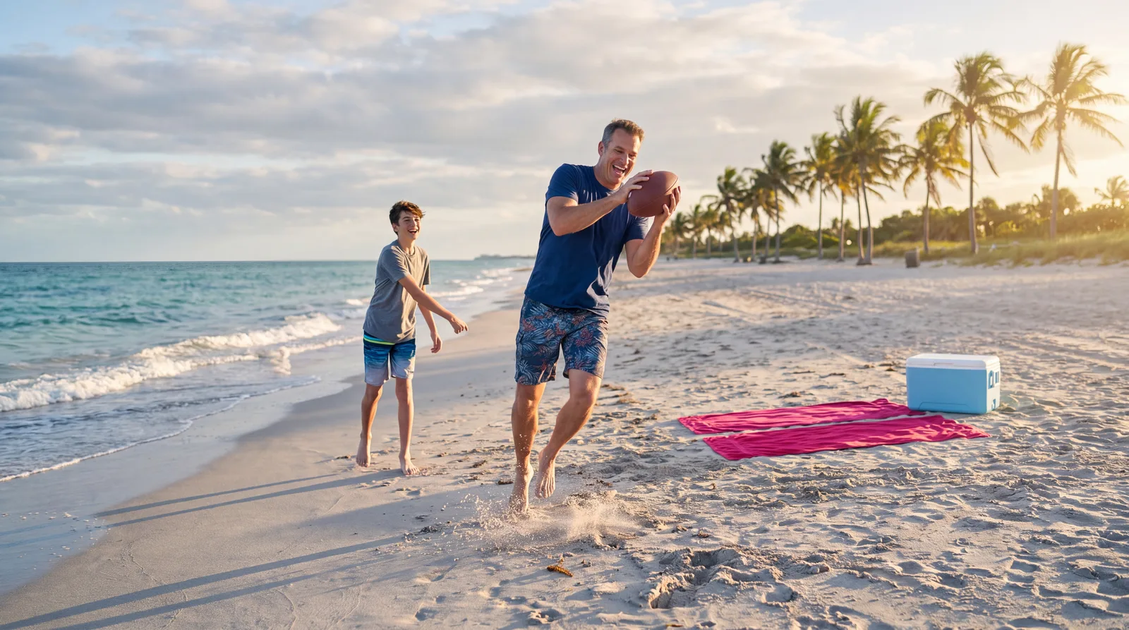 Father in his late forties tossing a football with his teenage son on Key Biscayne beach