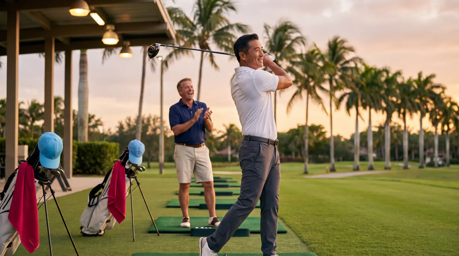 Fit man in his fifties mid-swing at a Miami golf driving range at golden hour