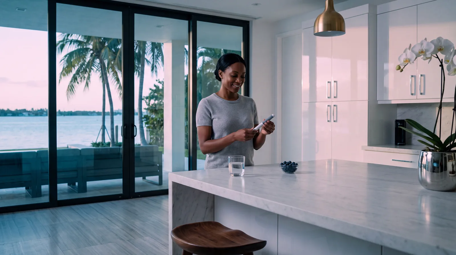 Woman preparing a plain weekly injector pen at a marble kitchen island in a bayfront Miami home
