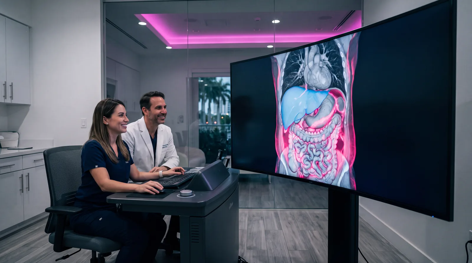 Two clinicians at a scan workstation reviewing a volumetric torso render of liver and visceral fat