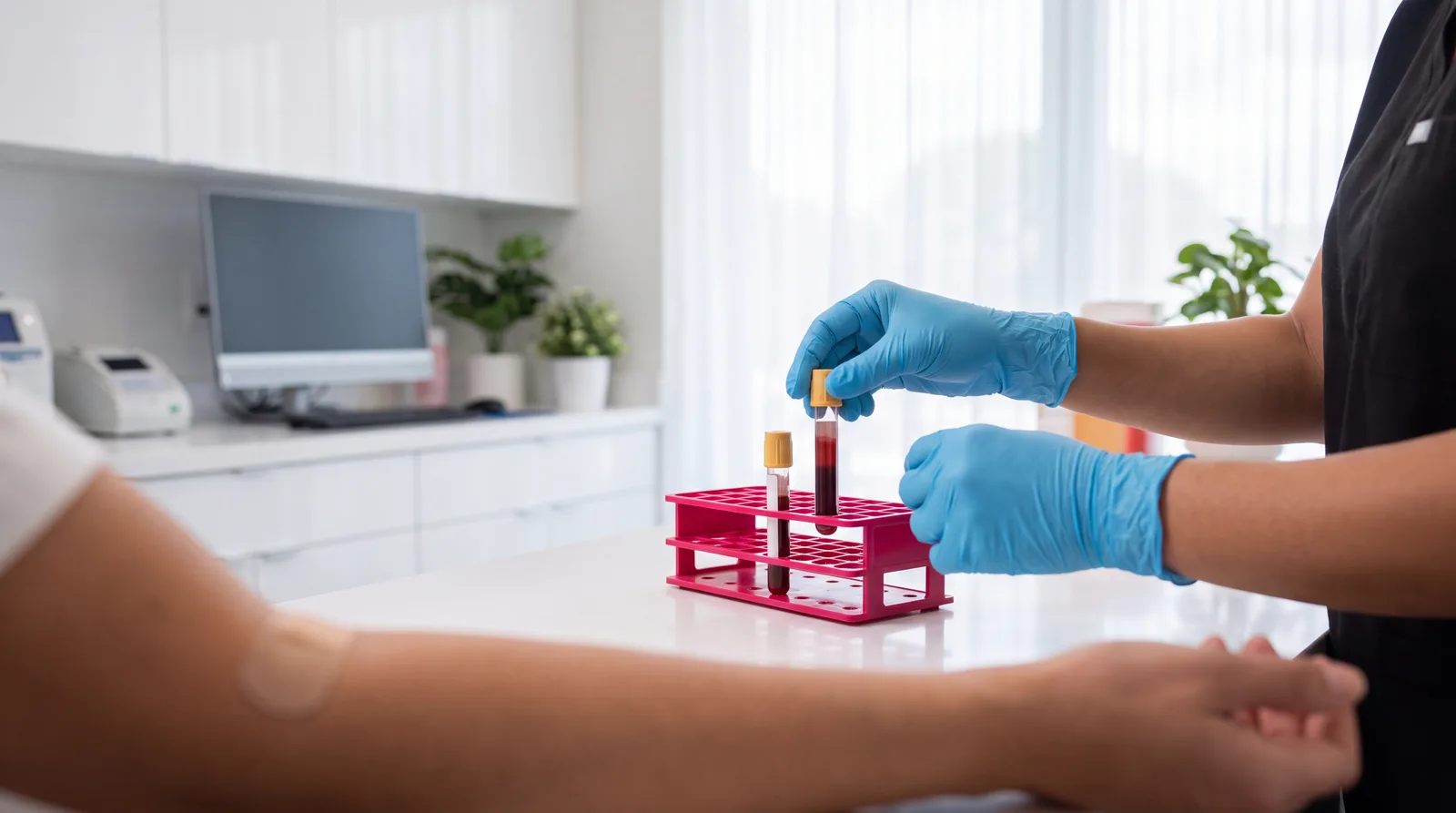Phlebotomist capping a tube of blood for a cholesterol panel