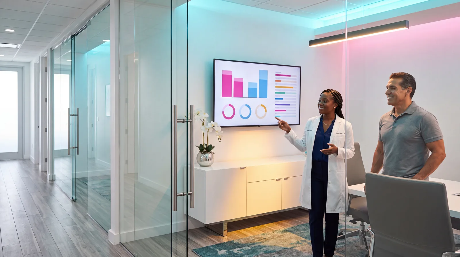 Doctor and patient standing at a large wall screen comparing colour-coded lipid results