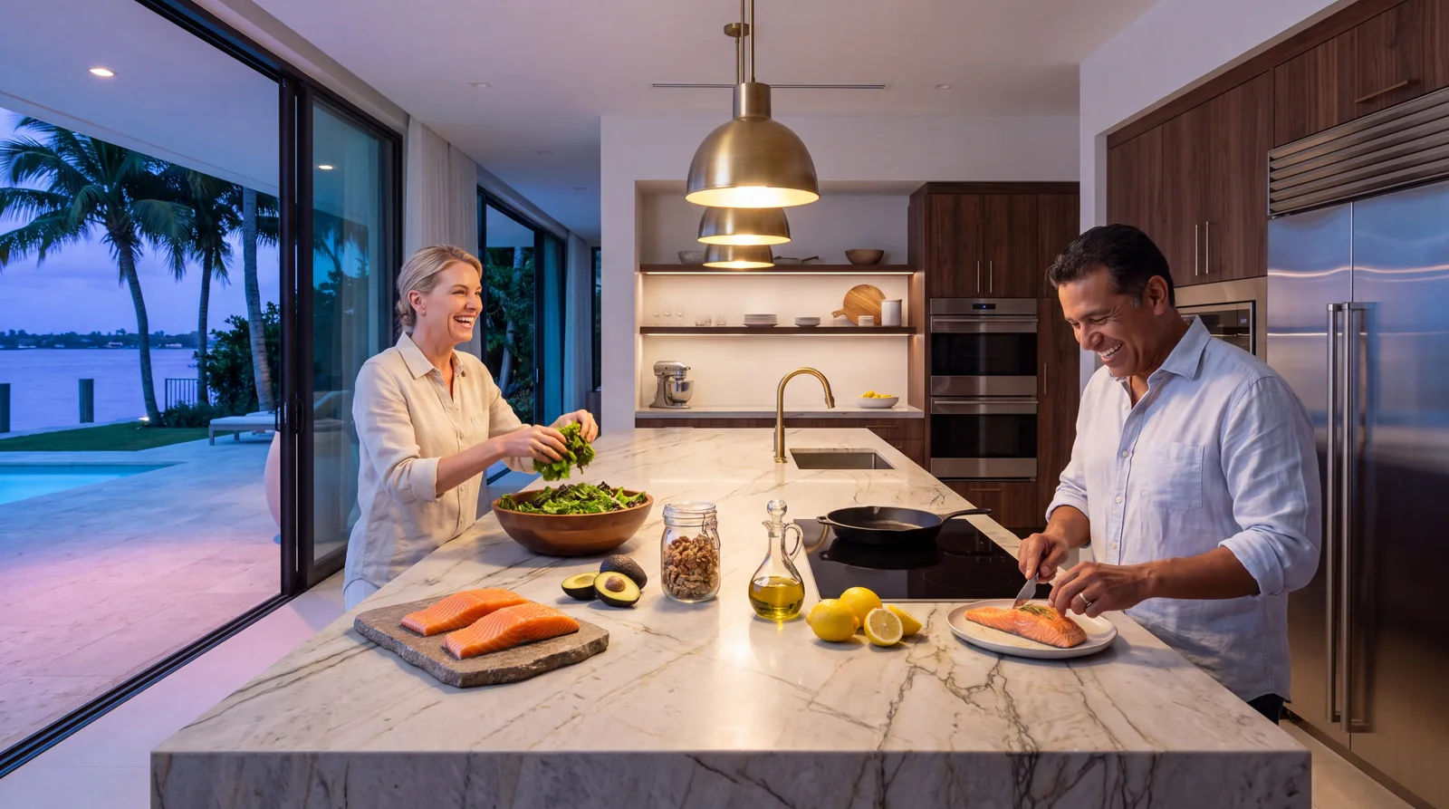 Couple in a Miami home kitchen preparing salmon, olive oil and greens by the bay at dusk