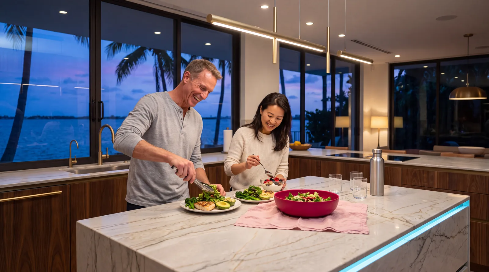 Couple plating grilled fish and greens in an expensive Miami kitchen overlooking the bay at dusk