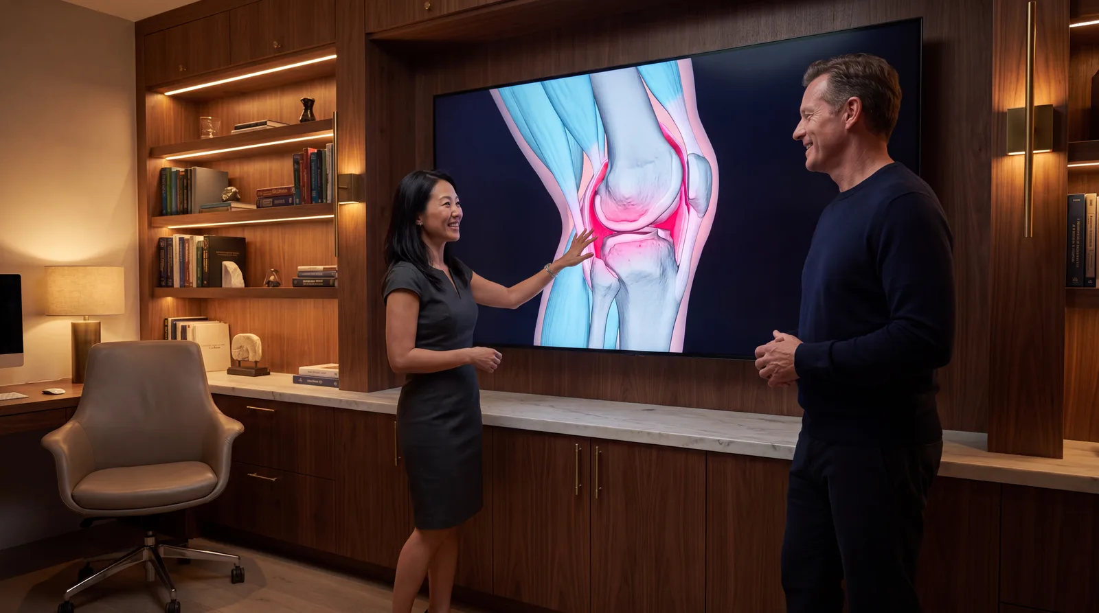 Two clinicians study a large volumetric knee-joint render showing inflamed synovium in a warm walnut reading room