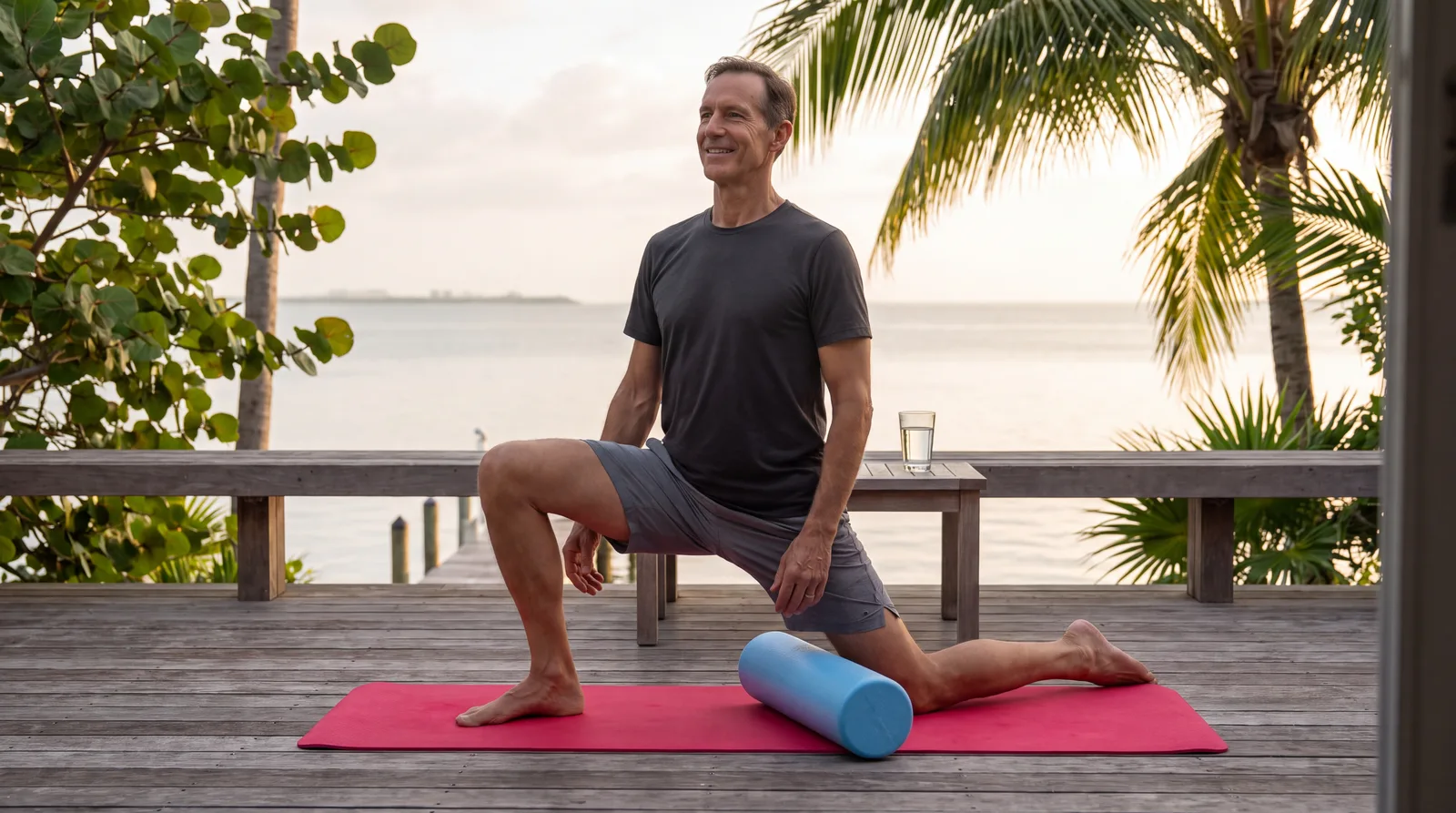 Man in his late fifties doing a mobility stretch on a sunlit terrace at home in Miami