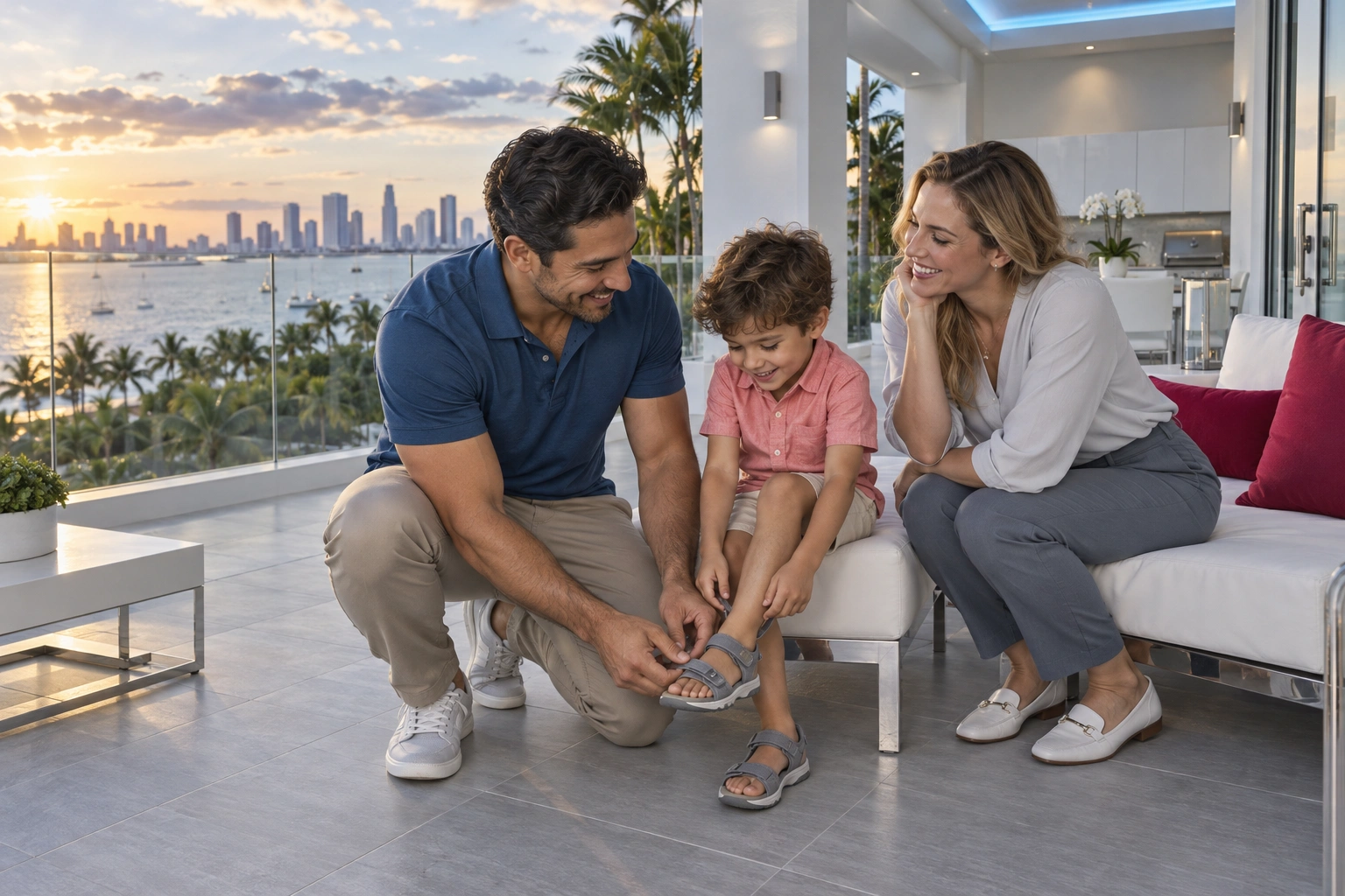 A smiling man kneels to fasten a seated boy’s grey sandal while a smiling woman sits beside them on white outdoor seating. The glass-railed terrace overlooks palms, sailboats and a waterfront skyline at sunset, with grey tile, berry cushions and blue ceiling lighting.