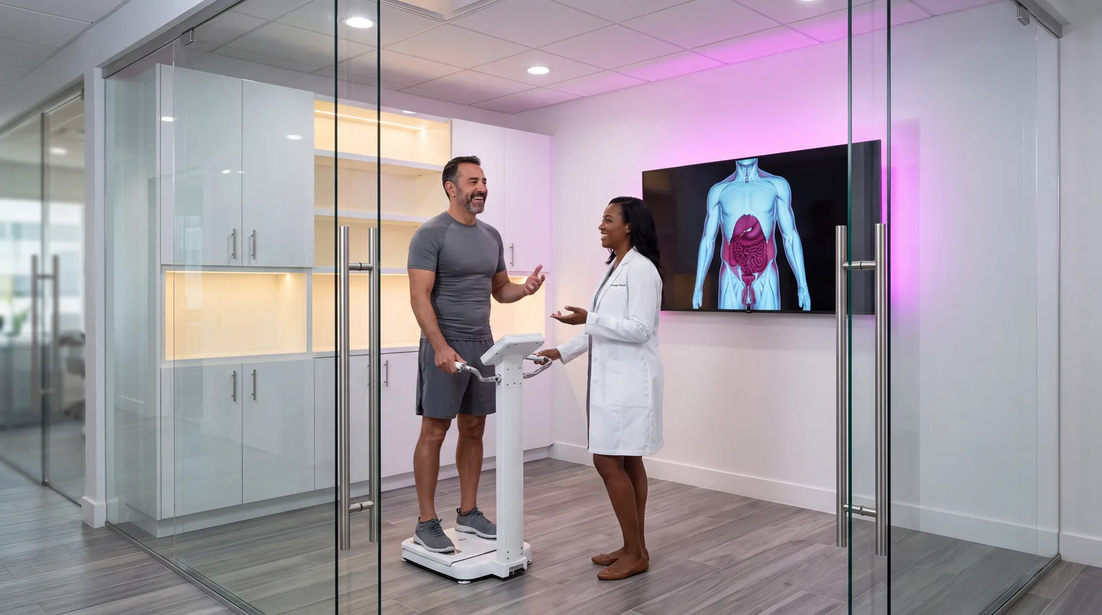 Clinician and patient at a white body-composition analyser beside a wall render of a male torso